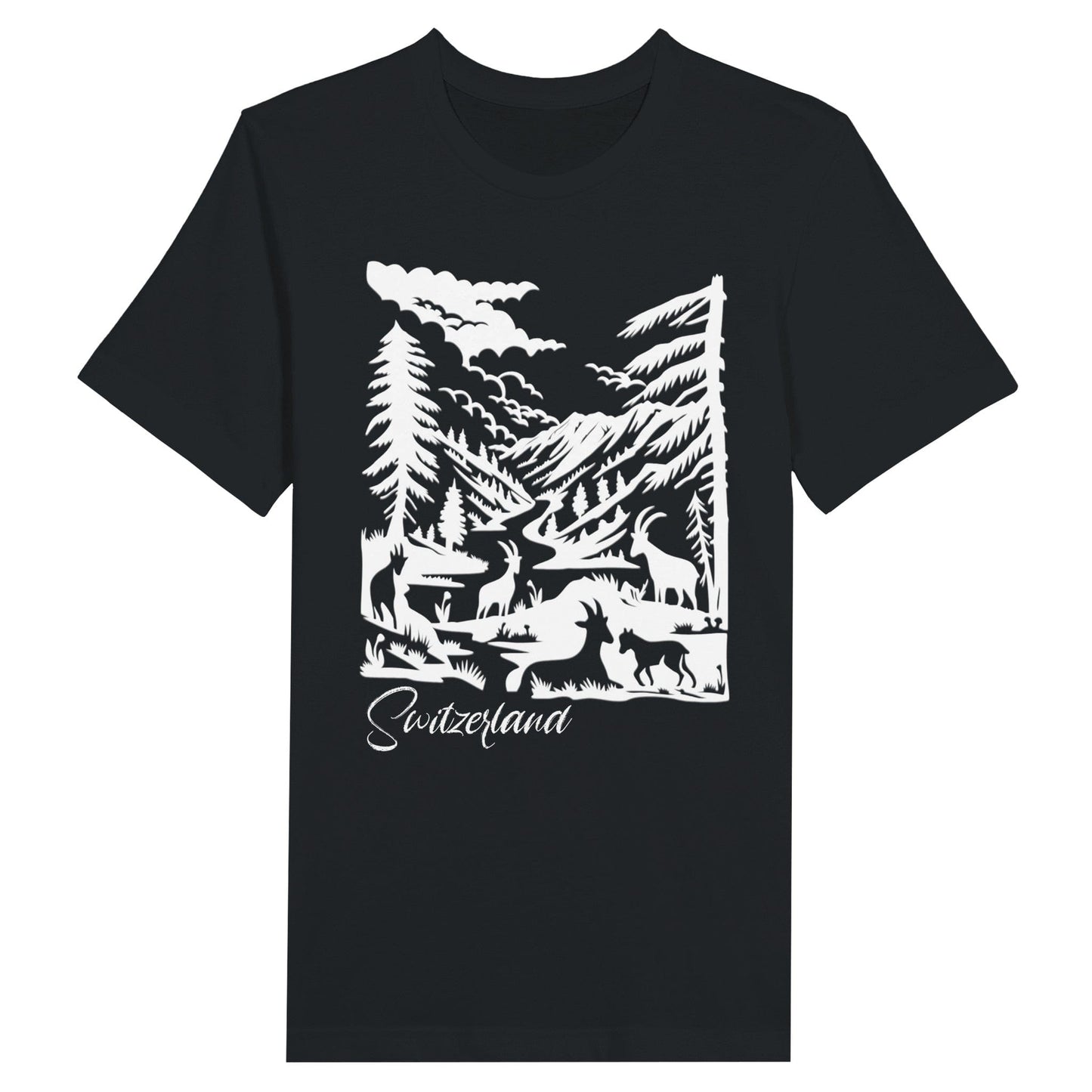 Close-up of Swiss Landscape Papercut Design T-Shirt showcasing intricate white design3c3