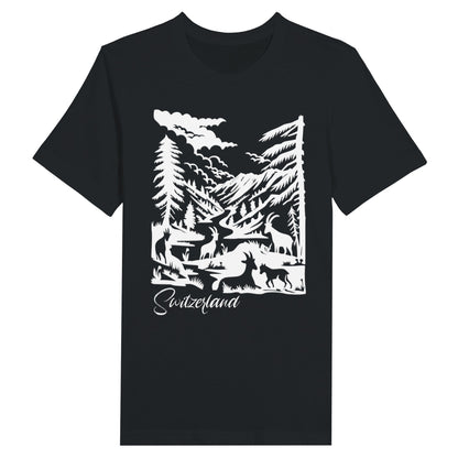 Close-up of Swiss Landscape Papercut Design T-Shirt showcasing intricate white design3c3