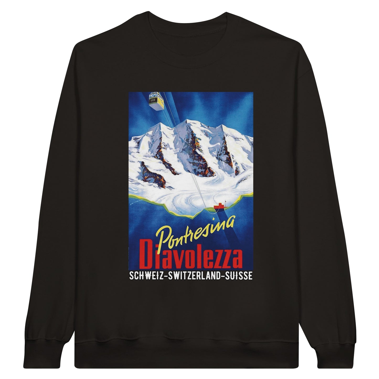 Vintage travel poster sweatshirt featuring Diavolezza Pontresina ski area and vintage gondola.