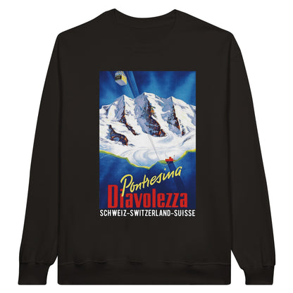 Vintage travel poster sweatshirt featuring Diavolezza Pontresina ski area and vintage gondola.