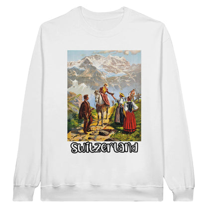 Switzerland Vintage Travel Sweatshirt featuring a vintage tourist in the Alps - premium quality and cozy fit