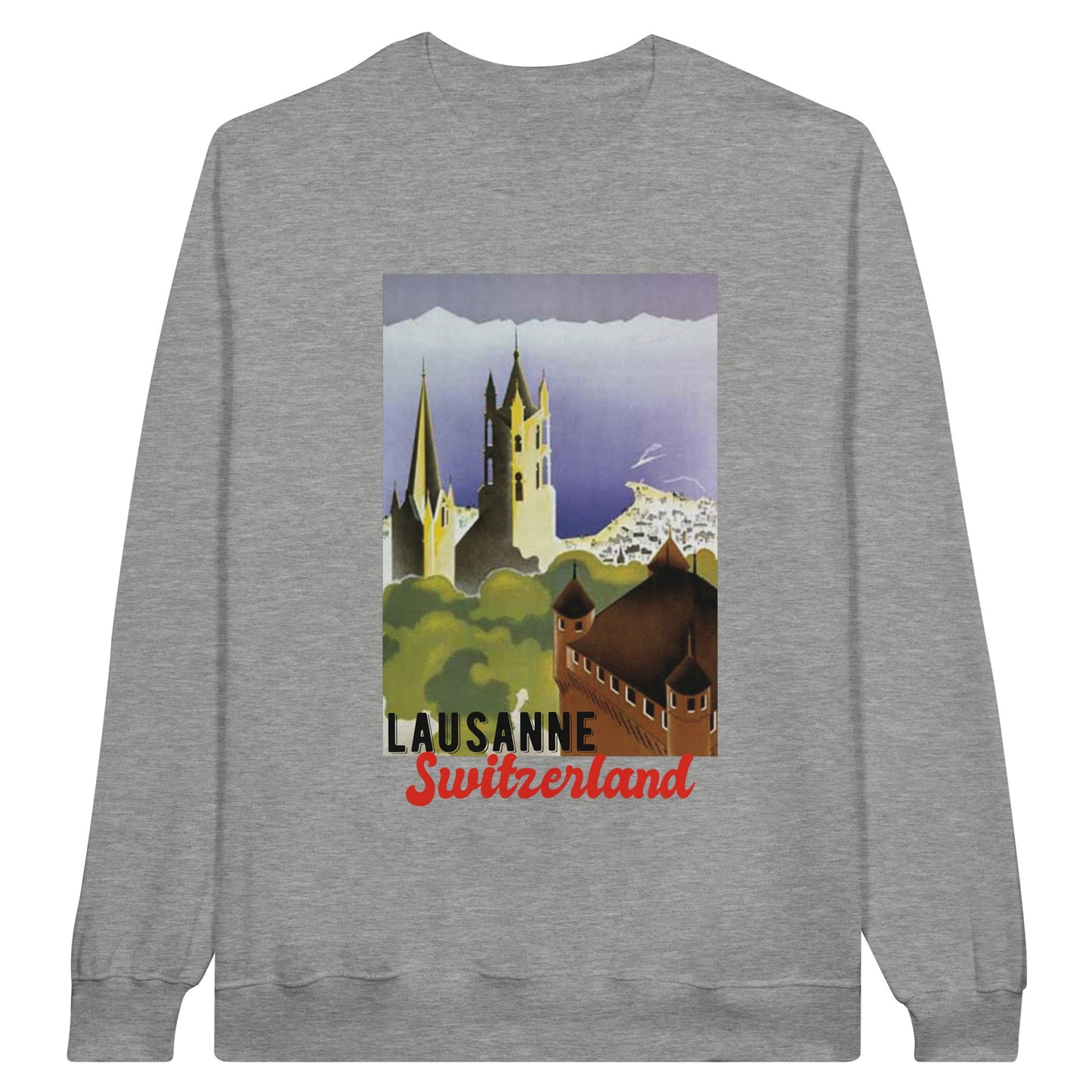 Vintage travel poster sweatshirt featuring Lausanne and Lake Geneva