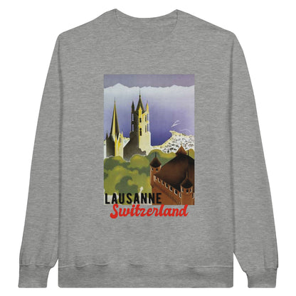 Vintage travel poster sweatshirt featuring Lausanne and Lake Geneva