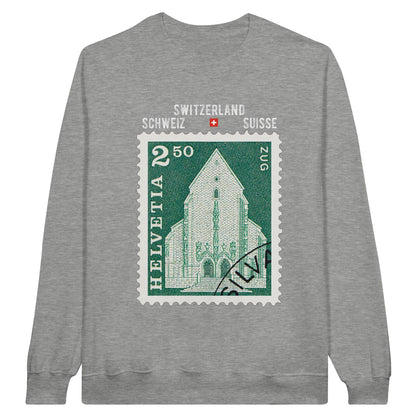 Zug, Switzerland Vintage Stamp Sweatshirt - St. Michael Church design. Limited edition fashion for a cozy and nostalgic wardrobe