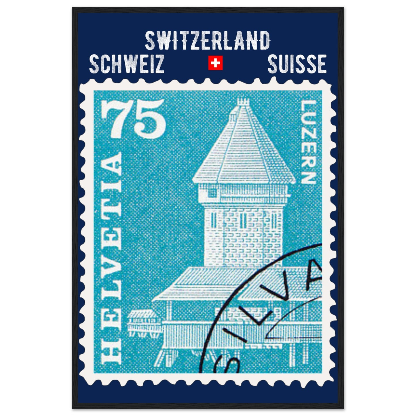 Lucerne, Switzerland. Vintage Helvetia Stamp | Wooden Framed Poster 60x90 cm / 24x36″ Vertical Black Ready-to-hang