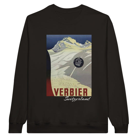 Switzerland Vintage Travel Sweatshirt featuring a vintage travel poster of Verbier's snowy slopes