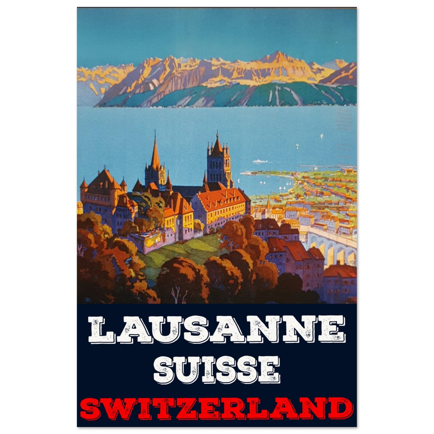 Lausanne & Lake Geneva in Switzerland Retro Travel Poster | 60x90 cm / 24x36″