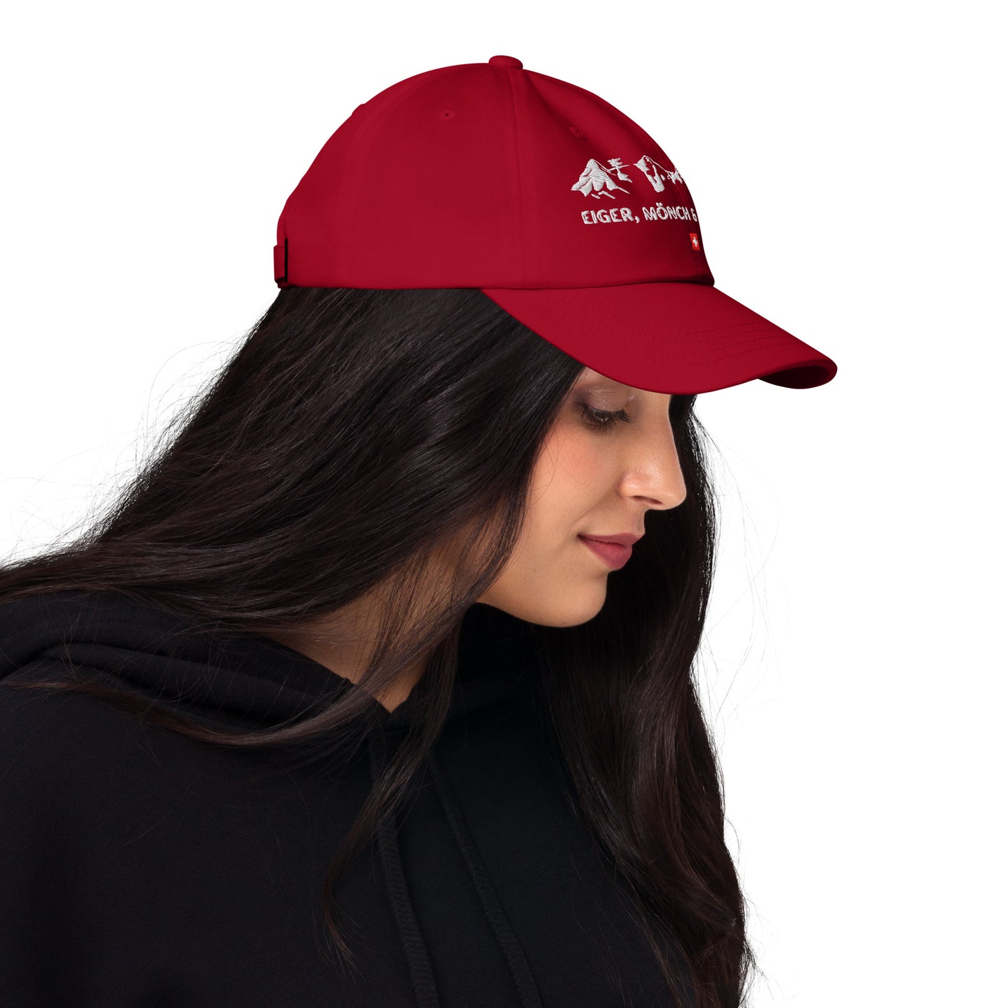 Swiss Alps embroidered dad hat featuring the iconic peaks and a Swiss flag