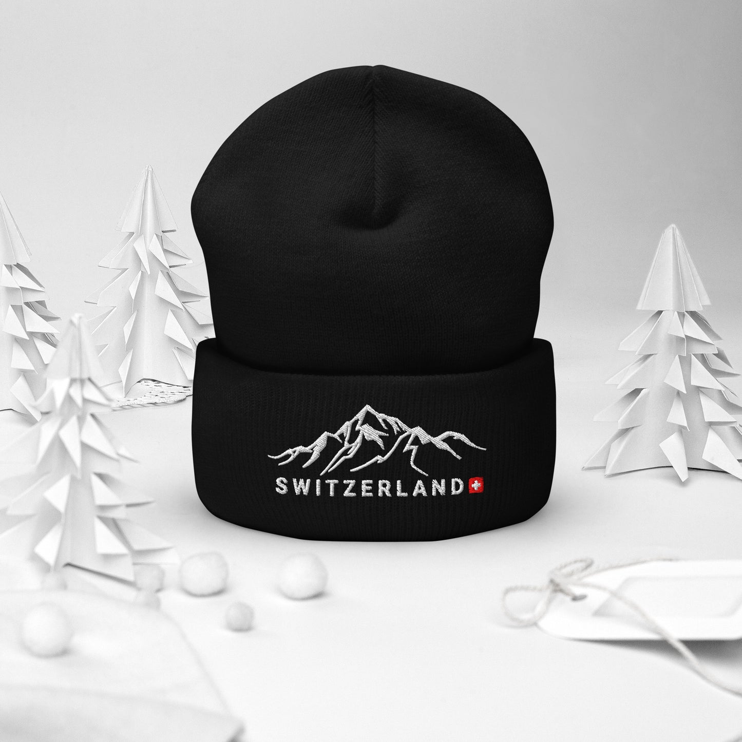 Cozy Switzerland beanie for ski lovers, hikers, and outdoor enthusiasts with alpine embroidery