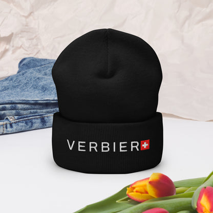 Black embroidered Verbier beanie with Swiss flag design