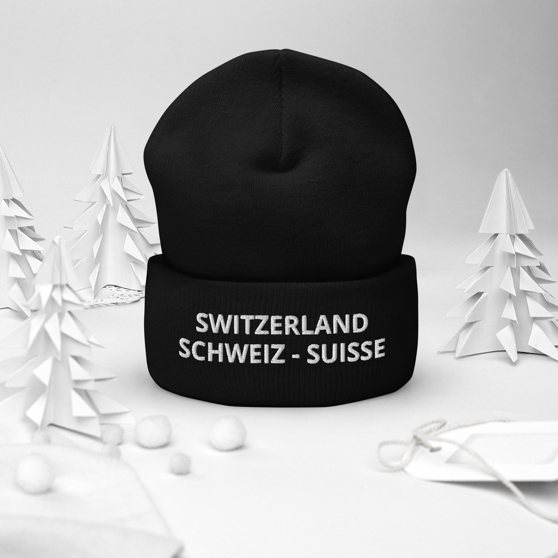 Black Switzerland beanie with embroidered Switzerland, Schweiz, Suisse text