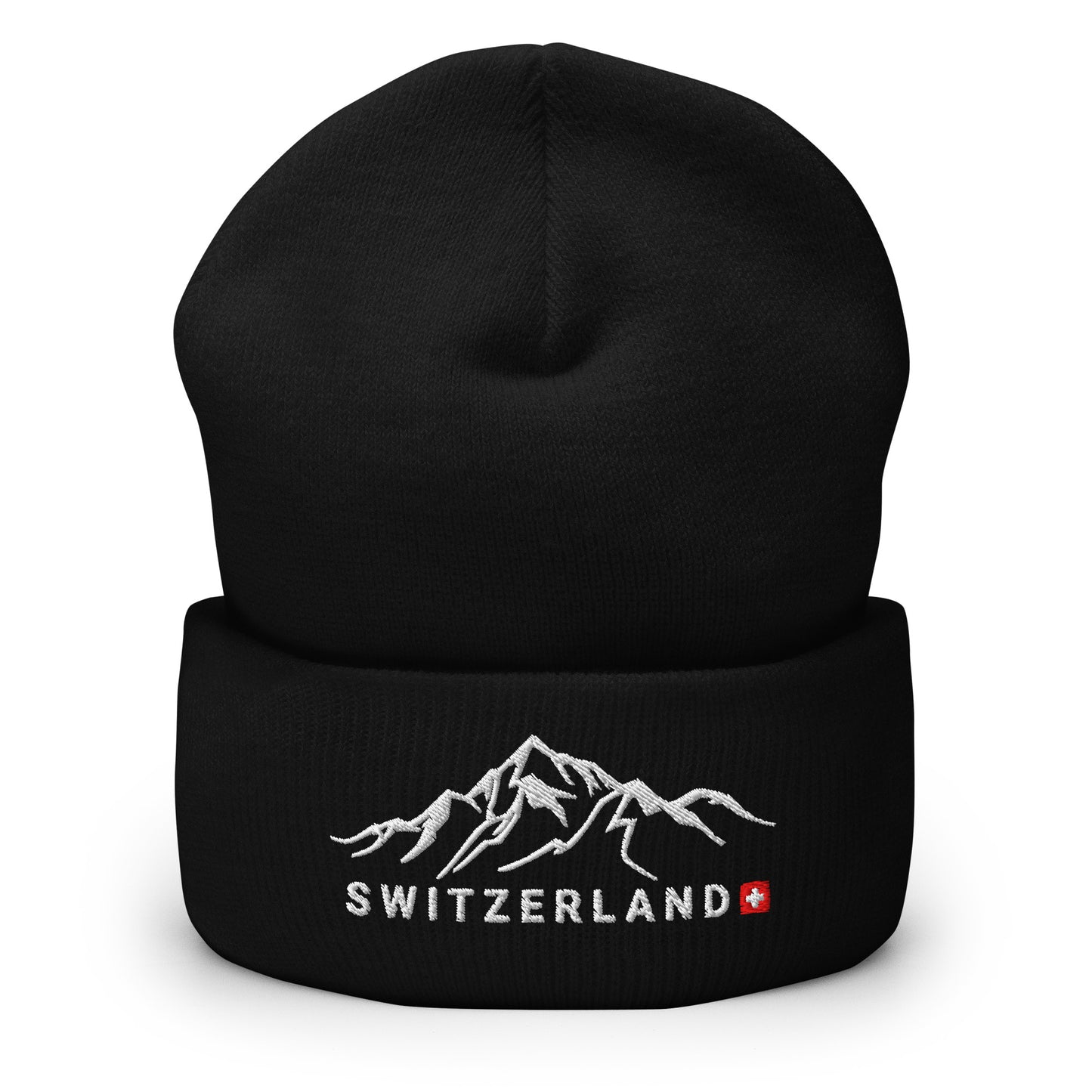 Switzerland embroidered beanie with mountain range and Swiss flag, perfect for winter adventures