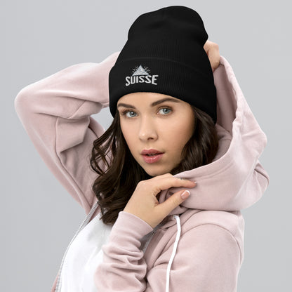 Black Suisse Adventure Beanie with embroidered mountain design