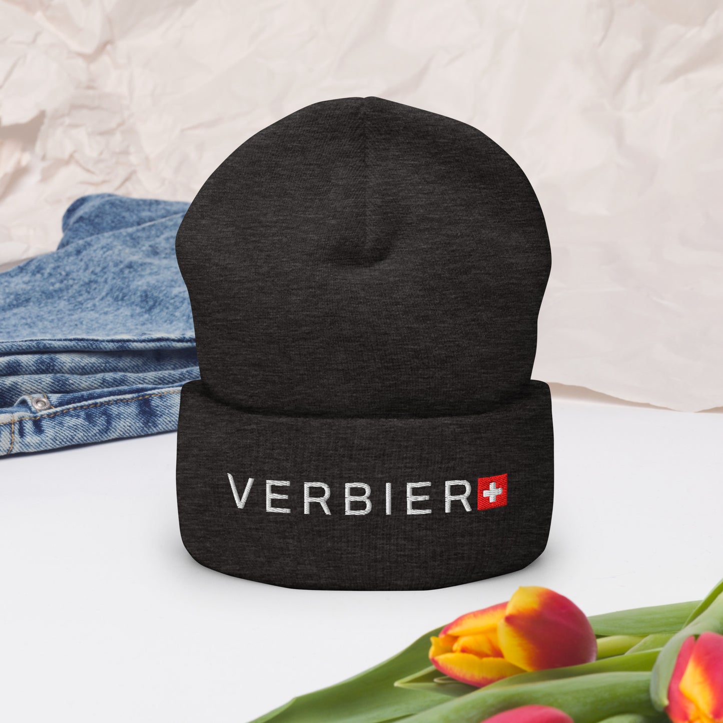 Premium knit beanie with Verbier embroidery in dark gray