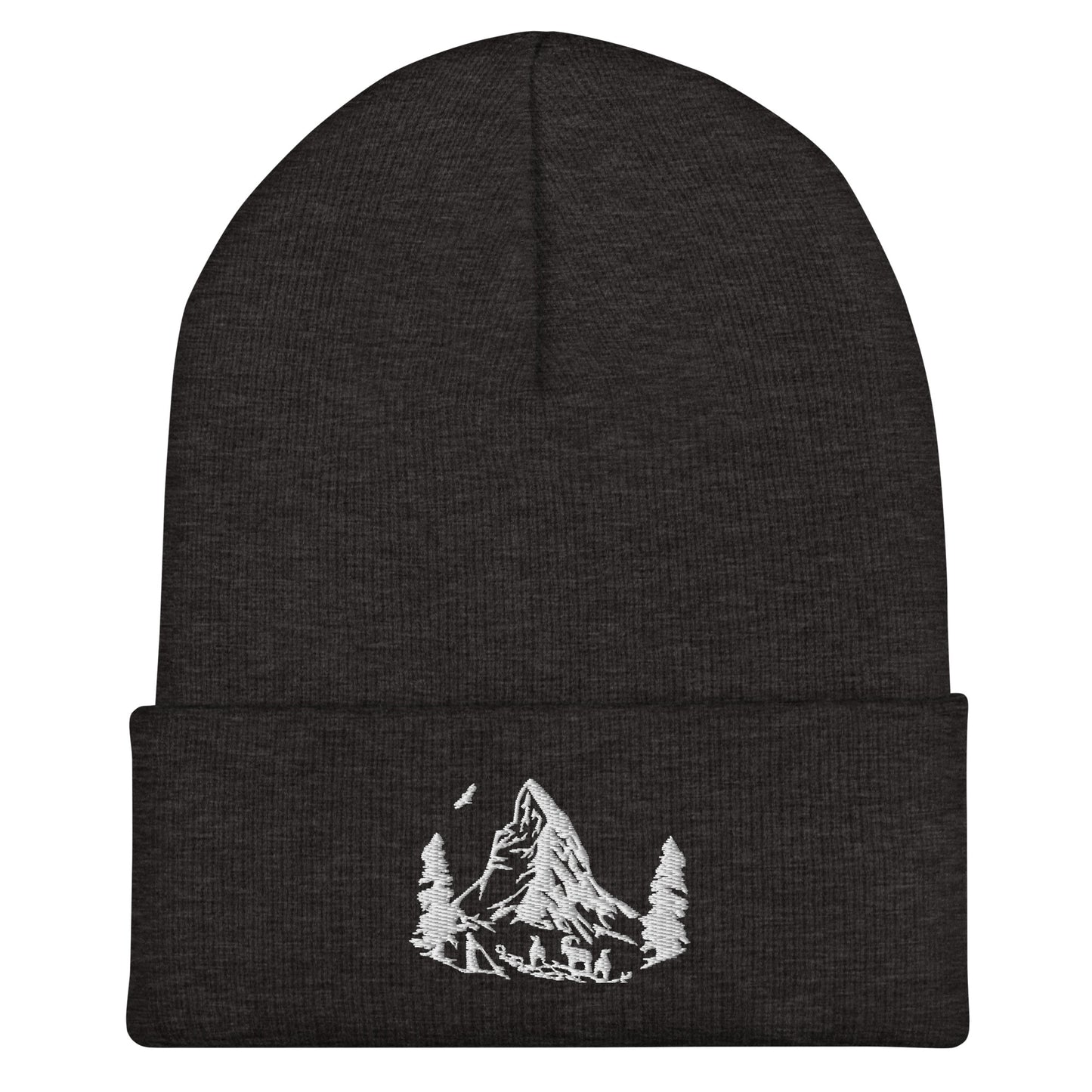 Mountain-inspired black beanie with Matterhorn peak embroidery.