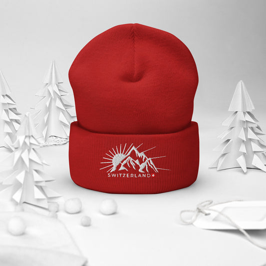 Stylish embroidered beanie showcasing a mountain and sunrise design, a perfect gift for outdoor enthusiasts and Switzerland lovers