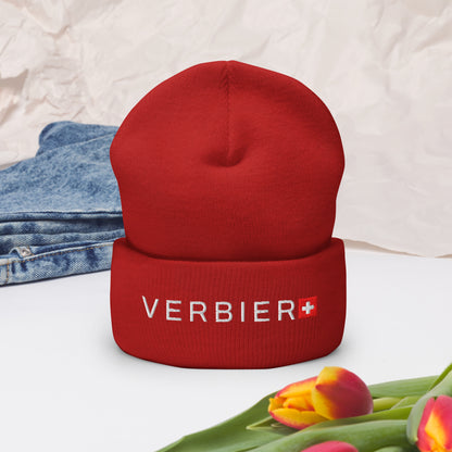 Red Verbier beanie showcasing Swiss Alpine style