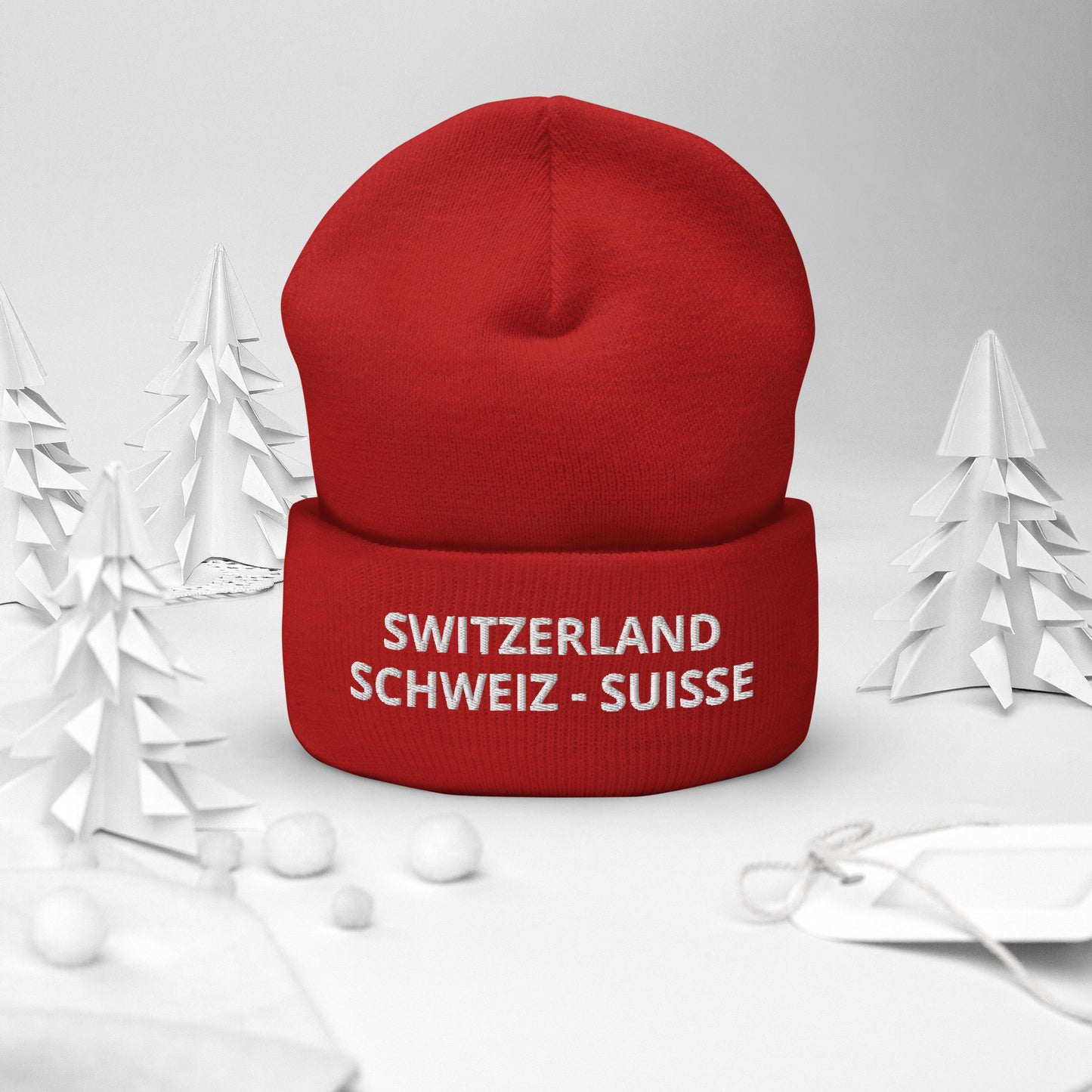 Cozy Swiss beanie available in black and red with patriotic embroidery