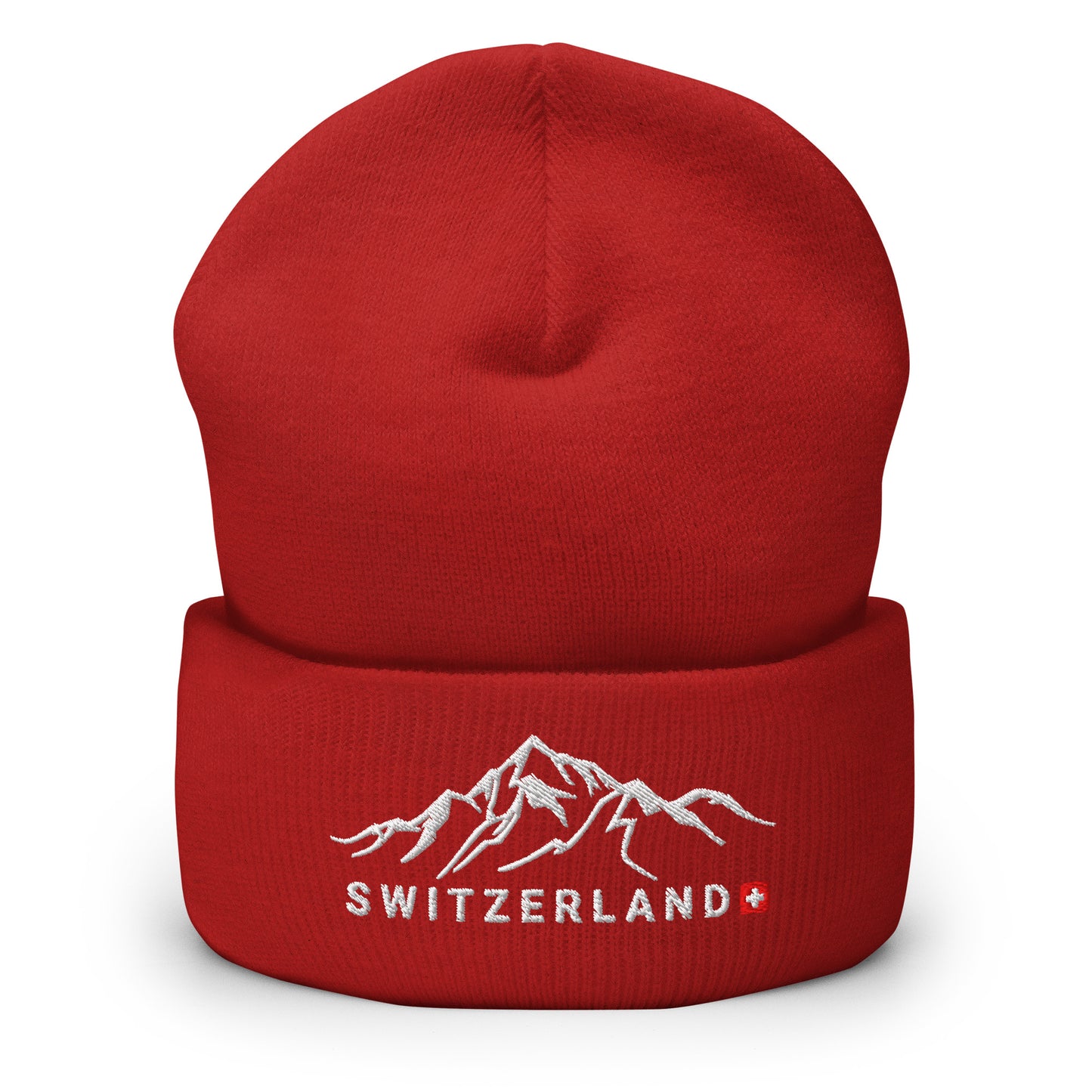 Red knit hat with embroidered Swiss mountain range and iconic Swiss flag for hikers and travelers