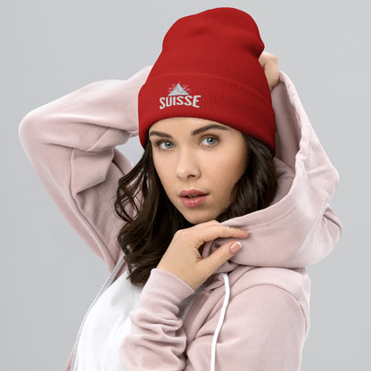 Red Suisse beanie featuring stylish "Suisse" lettering and peak logo