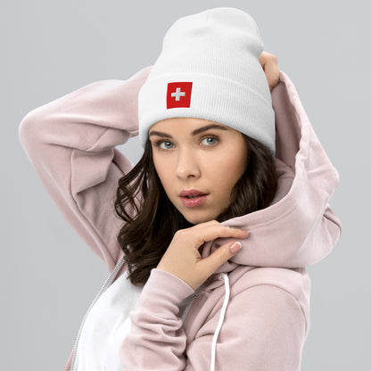 White Swiss flag embroidered beanie perfect for travel and nature lover