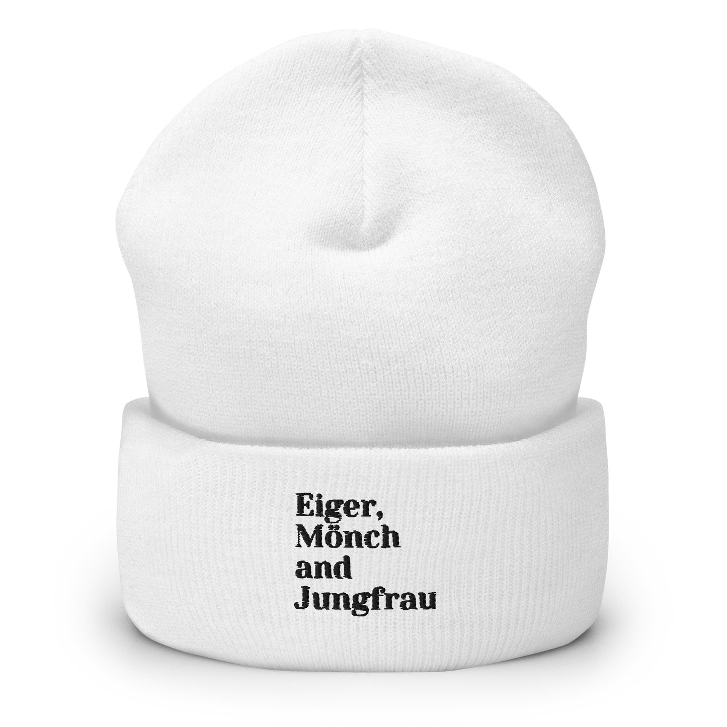 White beanie with bold text design Eiger, Mönch, and Jungfrau