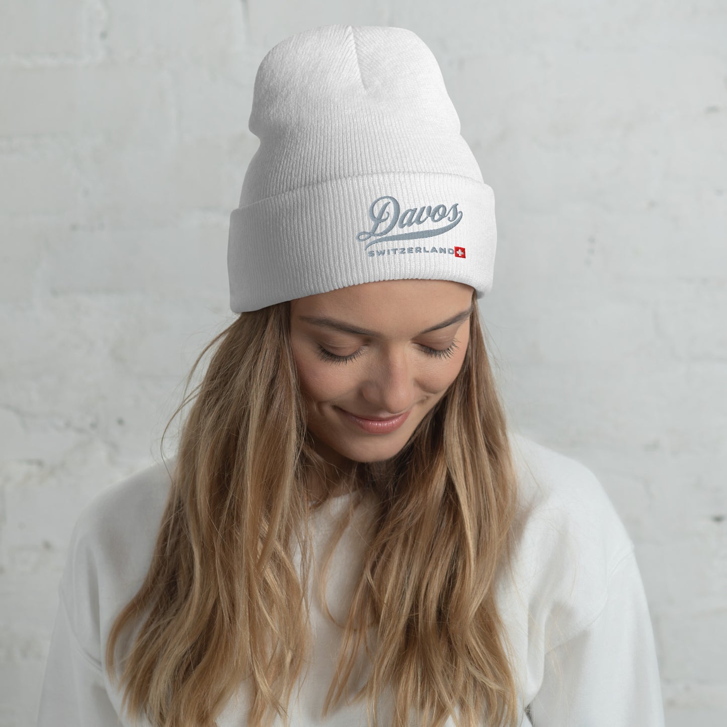 Cozy unisex beanie featuring Davos Switzerland embroidery and premium stitching