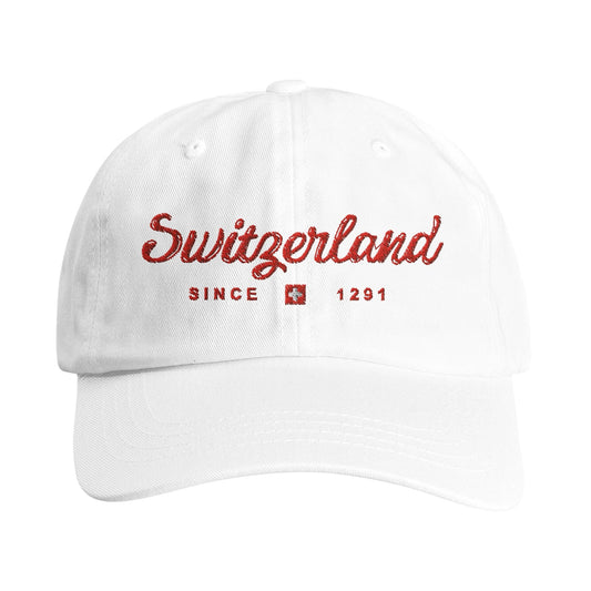 Switzerland - Since 1291 embroidered Dad cap featuring the Swiss flag, perfect for travel enthusiasts and nature lovers