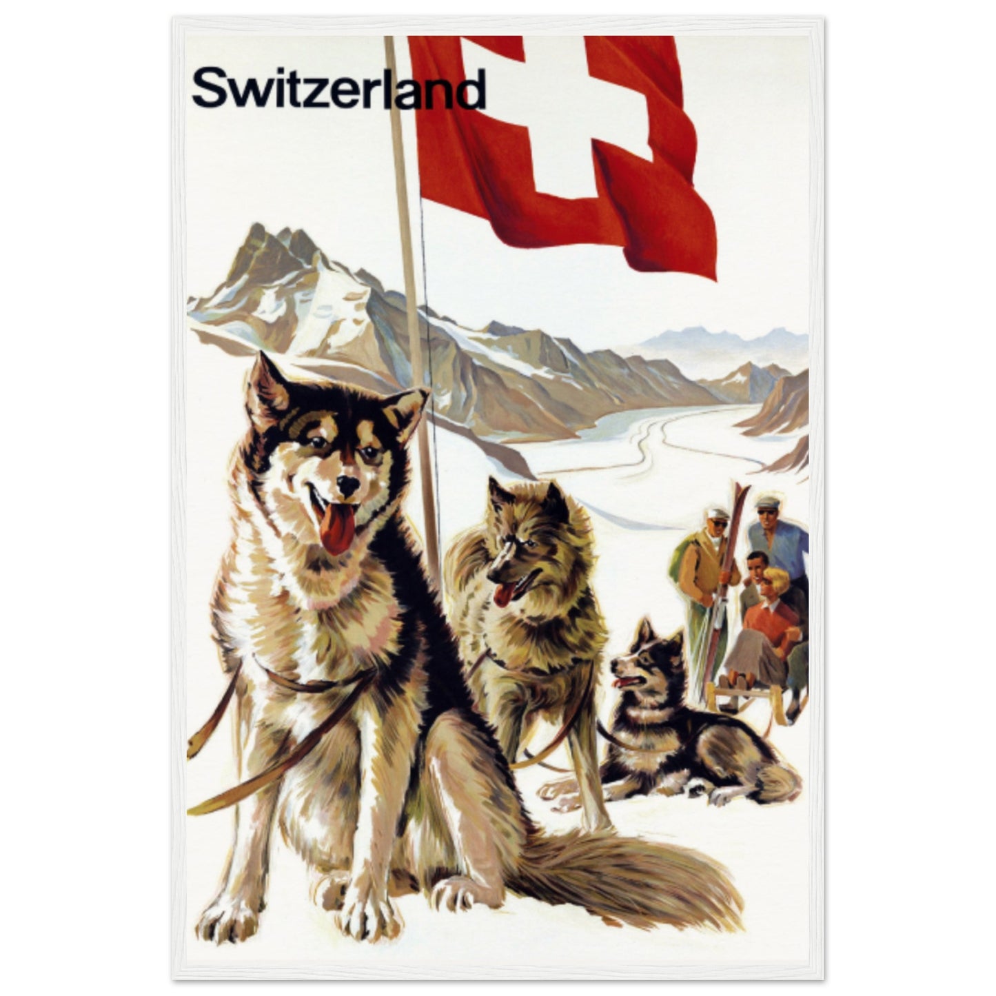 Jungfraujoch, Switzerland Vintage Travel Poster | Husky Sled Adventure Wooden Framed Poster | 60x90 cm / 24x36″