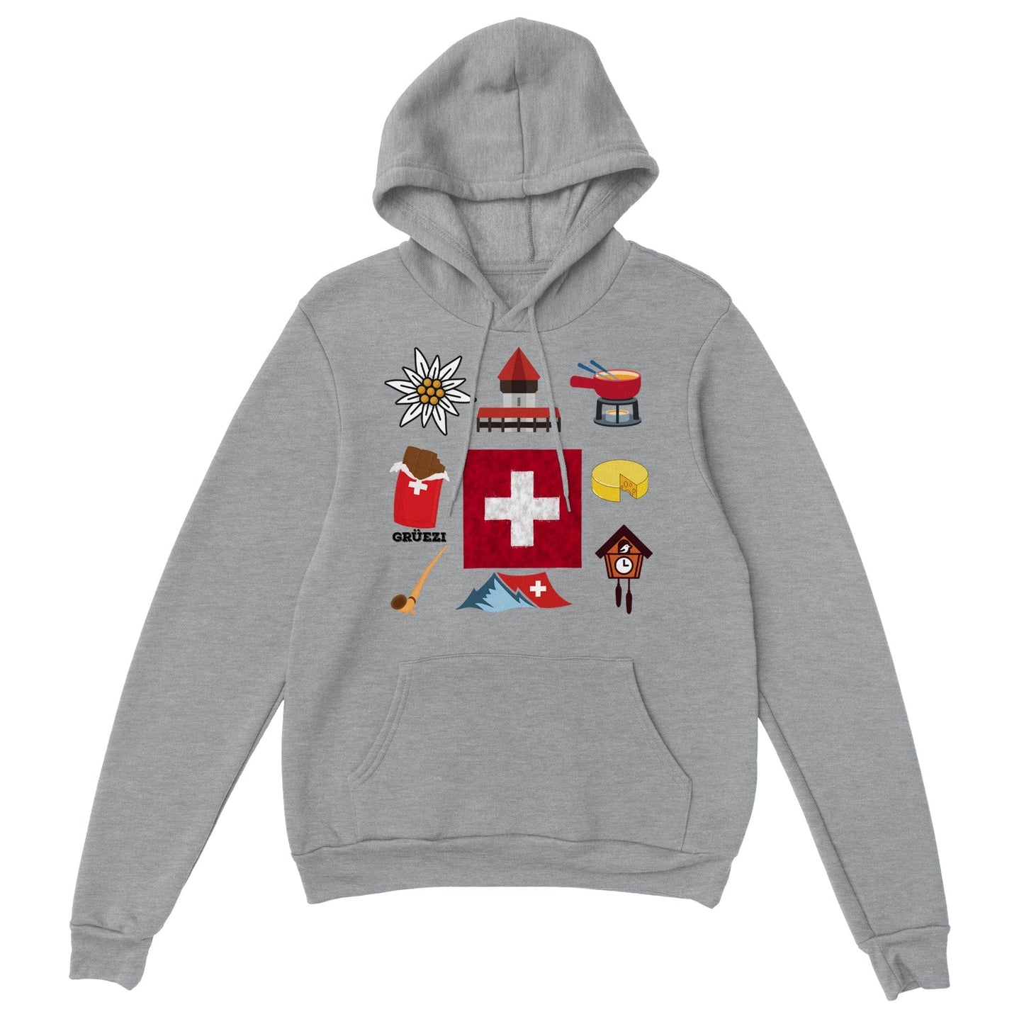 Swiss Culture Icons Pullover Hoodie | Swiss Flag, Fondue, Chocolate Souvenirs