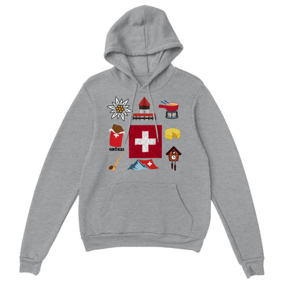 Swiss Culture Icons Pullover Hoodie | Swiss Flag, Fondue, Chocolate Souvenirs