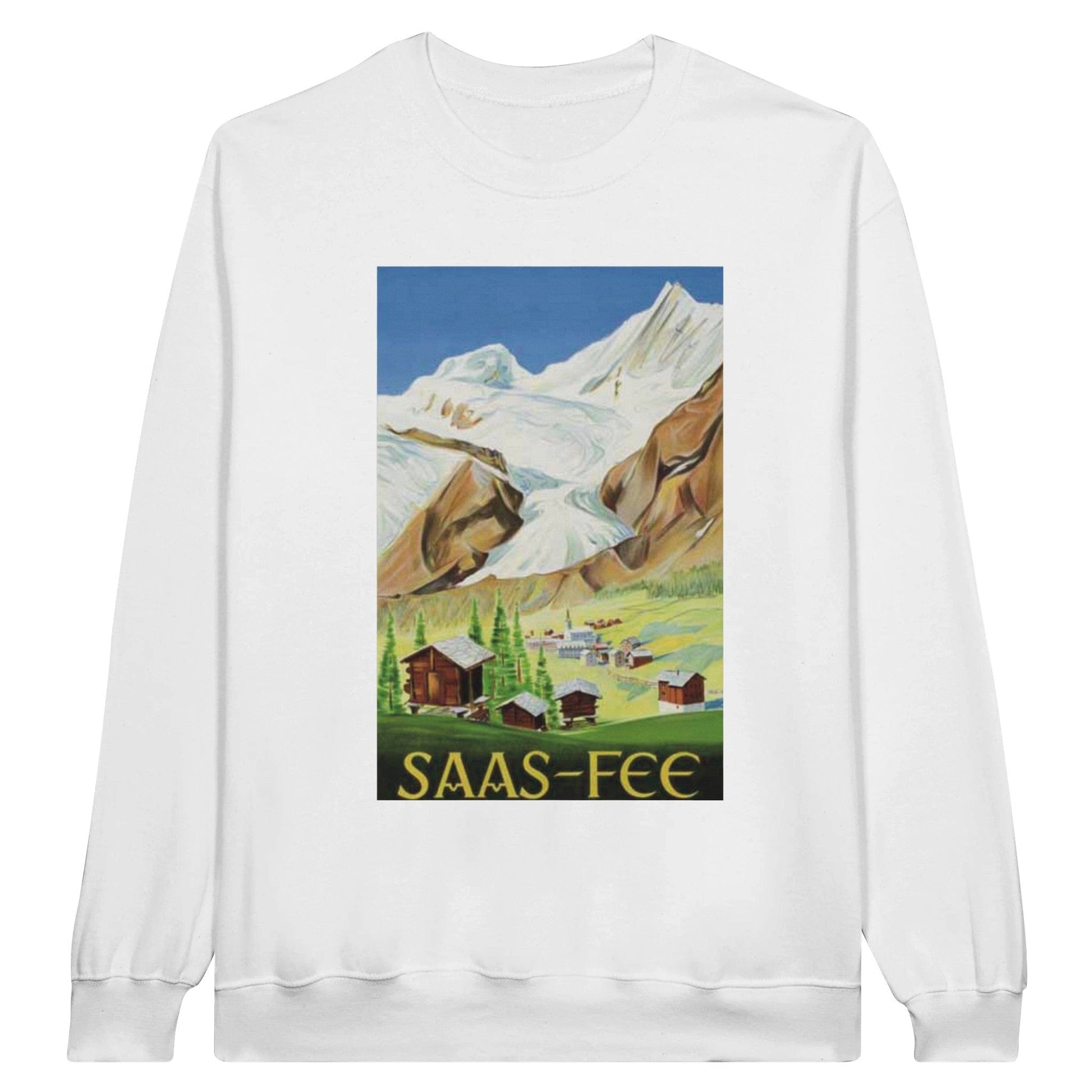 Vintage travel poster sweatshirt featuring an alpine scene of Saas Fee