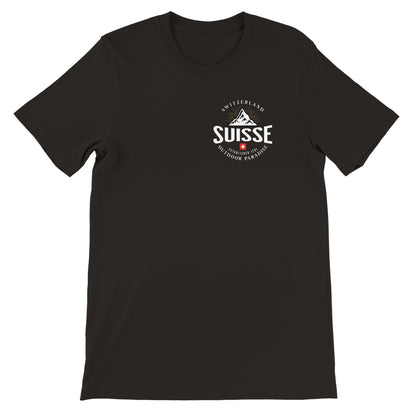 Swiss-themed hiking t-shirt with detailed Swiss Alps graphic on the back and on the front pocket area.