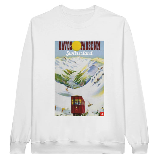 Vintage travel poster sweatshirt featuring Davos Parsenn ski area and vintage train.