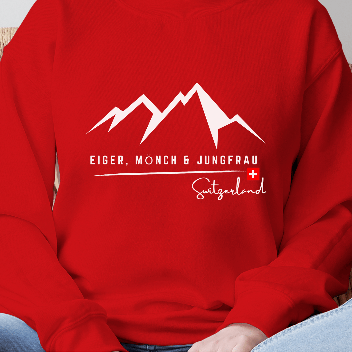 Switzerland Sweatshirt, Swiss Souvenir Sweatshirt, Eiger Mönch & Jungfrau Trilogy, Swiss Flag, Swiss Roots, Swiss Fans, Gift,  Swiss German