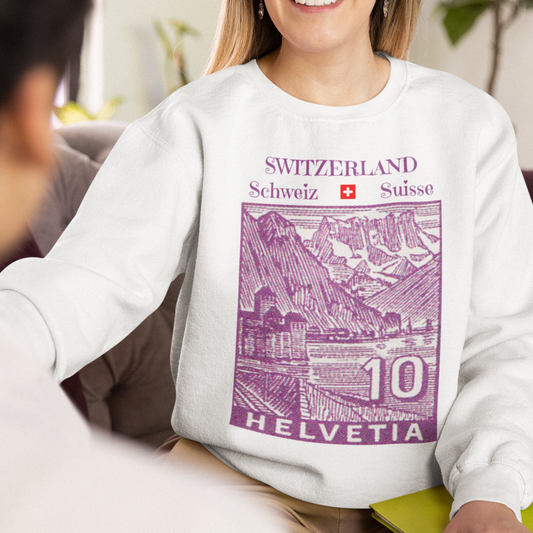 Vintage Helvetia Stamp Sweatshirt with Château de Chillon - Lake Geneva Souvenir Sweatshirt