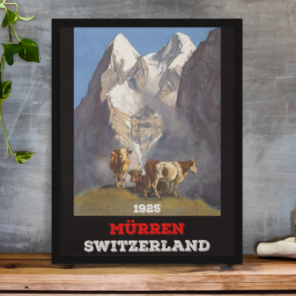 Vintage Murren Switzerland Travel Poster showcasing the majestic Alps and grazing Swiss cows. Perfect wall decor for travel enthusiasts and art collectors.