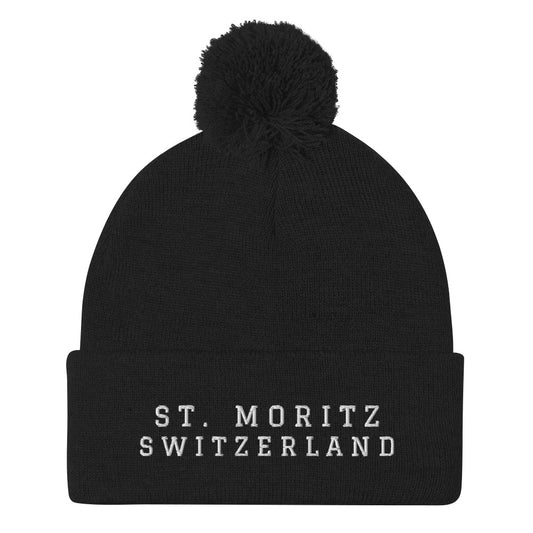 st. moritz switzerland beanie stitched white text