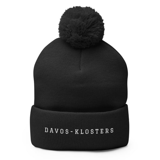 Minimalist Davos-Klosters Pom-Pom Beanie with embroidered text