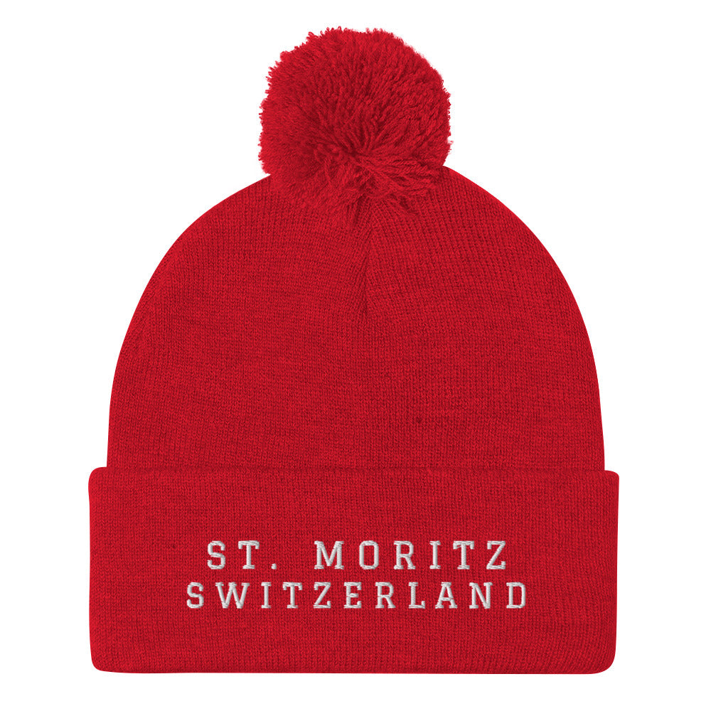 st. moritz schweiz red beanie pom pom 