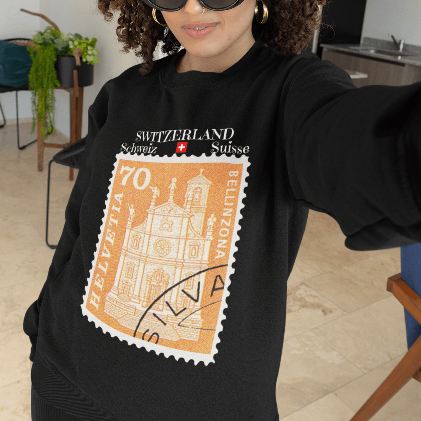 Vintage Helvetia Stamp Sweatshirt featuring the Collegiata Church in Bellinzona Ticino.